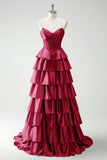 Green Princess Sweetheart Satin Tiered Long Corset Prom Dress with Slit