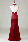 Dark Green Halter V Neck Open Back Satin Mermaid Long Bridesmaid Dress