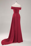 Champagne Mermaid Off the Shoulder Satin Evening Dress with Streamer