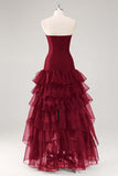 Black Strapless Tiered Tulle Ruffles Evening Dress