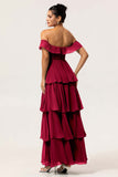 A-Line Off The Shoulder Tiered Ruched Chiffon Long Eucalyptus Bridesmaid Dress