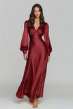 Champagne Long Sleeve V Neck Satin Formal Dress
