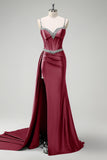 Sparkly Dark Green Mermaid Side Streamer Sequins Corset Satin Prom Dress with Slit