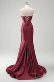 Dark Green Mermaid Strapless Beaded Corset Keyhole Satin Prom Dress with Slit