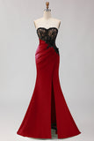Black Green Mermaid Strapless Lace Ruched Long Prom Dress With Slit