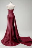 Sparkly Dark Green Mermaid Side Streamer Sequins Corset Satin Prom Dress with Slit