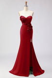 Green Strapless Mermaid 3D Flower Satin Long Prom Dress with Slit