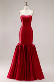 Mermaid Fuchsia Satin Strapless Long Prom Dress with 3D Flowers