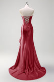 Sparkly Grey Blue Mermaid Ruffled Corset Strapless Satin Long Prom Dress with Slit