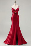 Mermaid Satin Fuchsia Ruched Spaghetti Straps Long Prom Dress with Slit