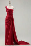 One Shoulder Green Ruched Satin Sheath Long Prom Dress with Slit