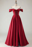 Off the Shoulder Satin Purple A Line Prom Dress