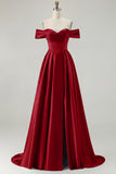 Blue Off the Shoulder A Line Satin Bridesmaid Dress