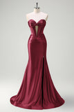 Dark Green Mermaid Strapless Beaded Corset Keyhole Satin Prom Dress with Slit