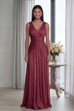 Ruched Dusty Rose A Line V Neck Evening Dress