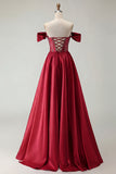 Off the Shoulder Satin Purple A Line Prom Dress