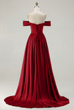 Blue Off the Shoulder A Line Satin Bridesmaid Dress