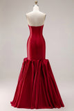 Mermaid Fuchsia Satin Strapless Long Prom Dress with 3D Flowers