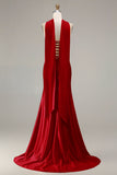 Strapless Mermaid Champagne Beaded Satin Long Prom Dress with Ribbon