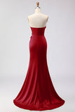 Green Strapless Mermaid 3D Flower Satin Long Prom Dress with Slit