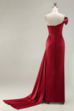 One Shoulder Green Ruched Satin Sheath Long Prom Dress with Slit