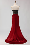 Black Green Mermaid Strapless Lace Ruched Long Prom Dress With Slit