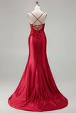 Mermaid Satin Fuchsia Ruched Spaghetti Straps Long Prom Dress with Slit