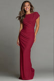Navy Sheath Short Sleeve Bateau Neck Long Formal Dress