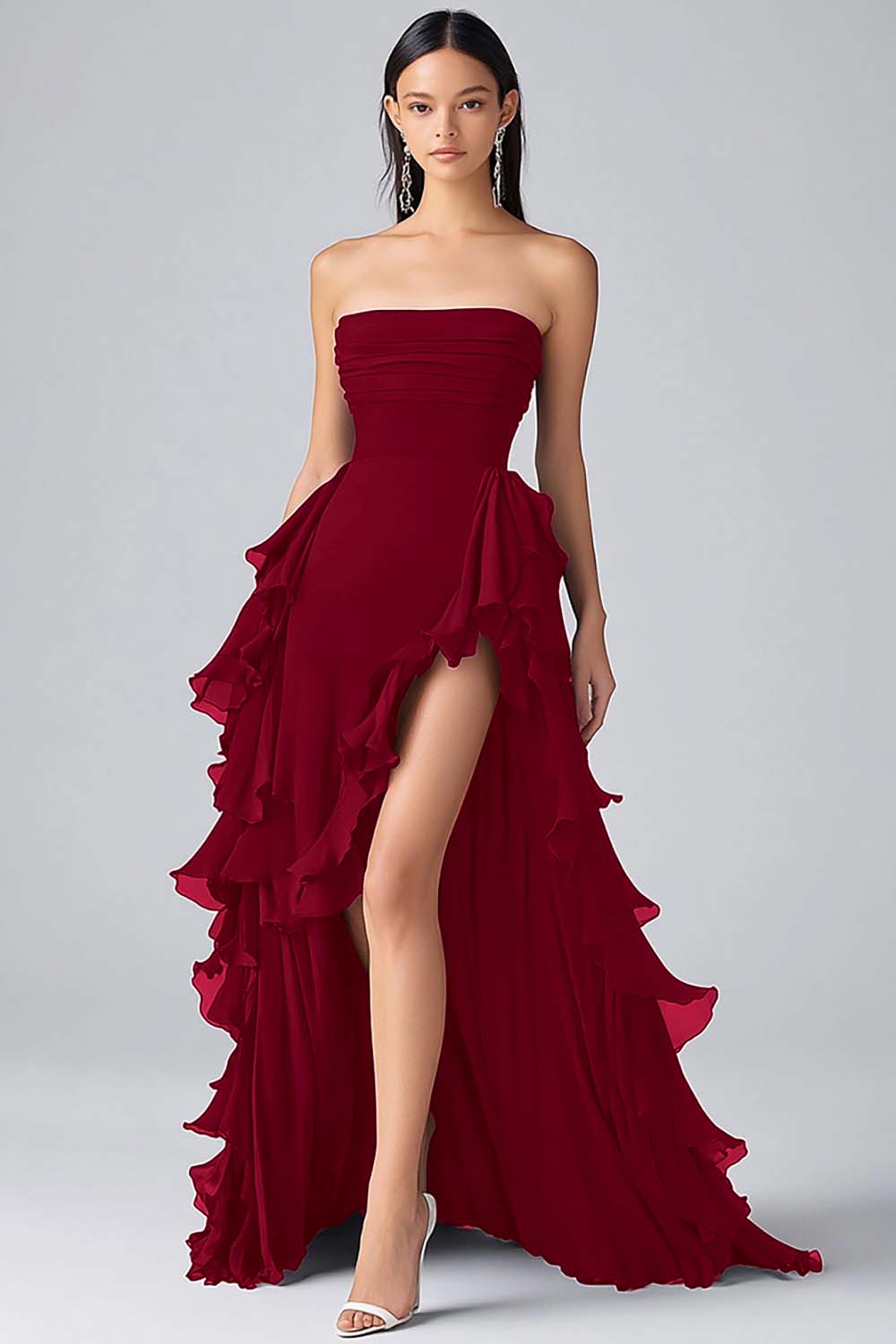 WEDTREND Women Black A Line Formal Dress Ruffles Chiffon Tiered Strapless Slit Long Party Dress Wedtrend UK WEDTREND Women Black A Line Formal Dress Ruffles Chiffon Tiered Strapless Slit Long Party Dress Wedtrend UK