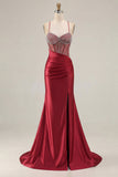 Mermaid Corset Beaded Pink Satin Prom Dress
