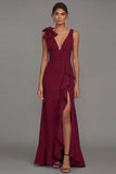 Dark Green Bow Ruffle V-Neck Evening Dress With Slit