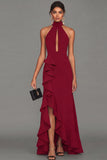 Black Halter Long Evening Dress With Ruffle Slit
