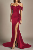 Black Mermaid Satin Off the Shoulder Evening Dress with Slit