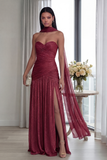 Strapless Ruched A Line Dusty Sage Evening Dress with Slit