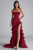 Black Mermaid Strapless Ruffled Formal Dress With Slit