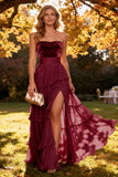 Strapless Khaki A Line Tiered Long Wedding Guest Dress With Slit