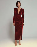Olive Velvet V Neck Bodycon Midi Formal Dress