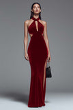 Halter Velvet Dark Green Mermaid Formal Dress with Slit