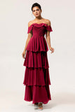 A-Line Off The Shoulder Tiered Ruched Chiffon Long Eucalyptus Bridesmaid Dress