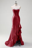 Sparkly Grey Blue Mermaid Ruffled Corset Strapless Satin Long Prom Dress with Slit