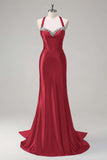 Sparkly Dark Green Mermaid Halter Corset Long Sequin Prom Dress