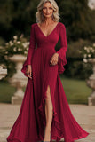Dark Grey A Line Wrap Long Sleeves Ruffled Chiffon Mother of the Bride Dress
