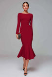 Red Mermaid Long Sleeve Midi Work Dress