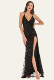 Black V-Neck Backless Fringed Sequin Formal Dress