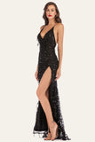Black V-Neck Backless Fringed Sequin Formal Dress