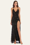 Black V-Neck Backless Fringed Sequin Formal Dress
