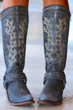 Blue Embroidered Cowgirl Boho Mid Calf Boots