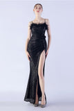 Black Sheath Sequin Formal Dress with Feather