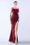 Black Sheath Sequin Formal Dress with Feather