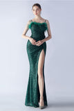 Black Sheath Sequin Formal Dress with Feather